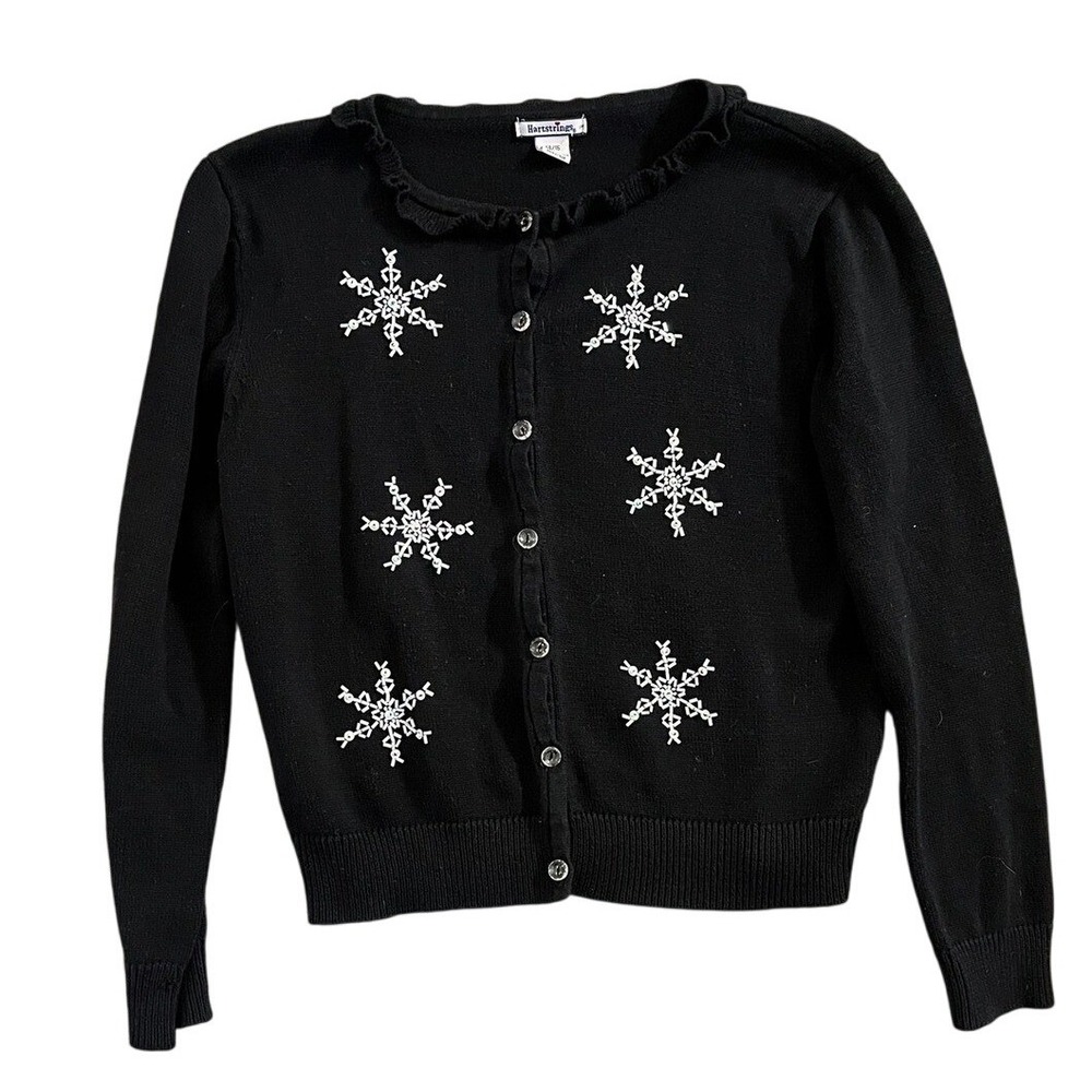 Hartstrings Girls Black Knit Ruffle Neck Snowflake Holiday Beaded Cardigan 14/16